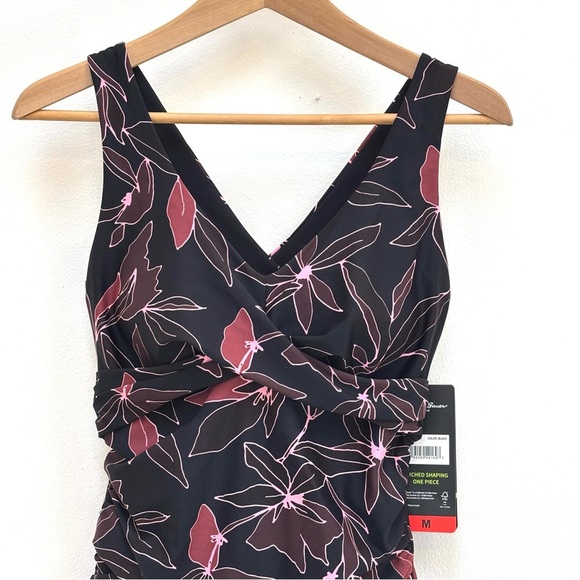 Eddie Bauer Ruched Shaping One Piece Swimsuit Bathing Suit Black Floral M NEW - Picture 3 of 14